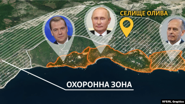 Охоронна зона навколо дач Путіна та Медведєва у Криму. До неї потрапляє санаторій ФСБ та селище Олива